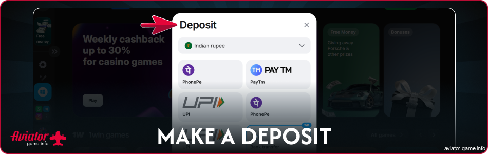 Make a deposit at Aviator India