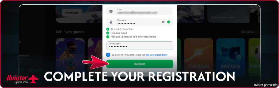 Complete 1win Aviator IN registration