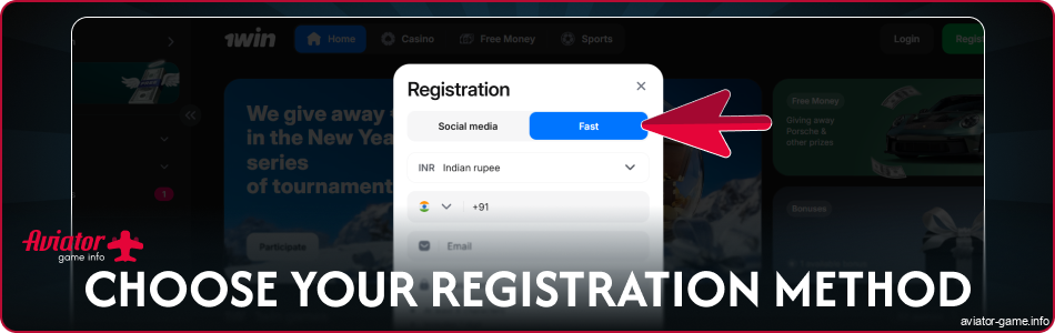 Select a registration method for 1win Aviator India