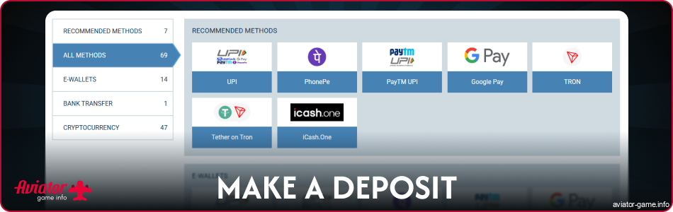 Make a deposit on 1xbet Aviator IN
